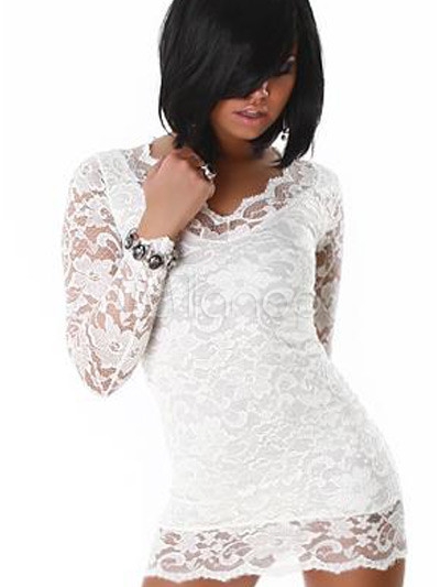 LACE MINI DRESS PENCIL FIT 2 SLEEVE WHITE